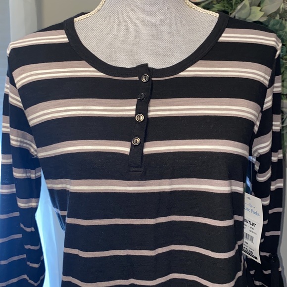Kate Parks Petite long sleeve casual tee gathered sleeves stripes black PM NWT - Picture 2 of 12